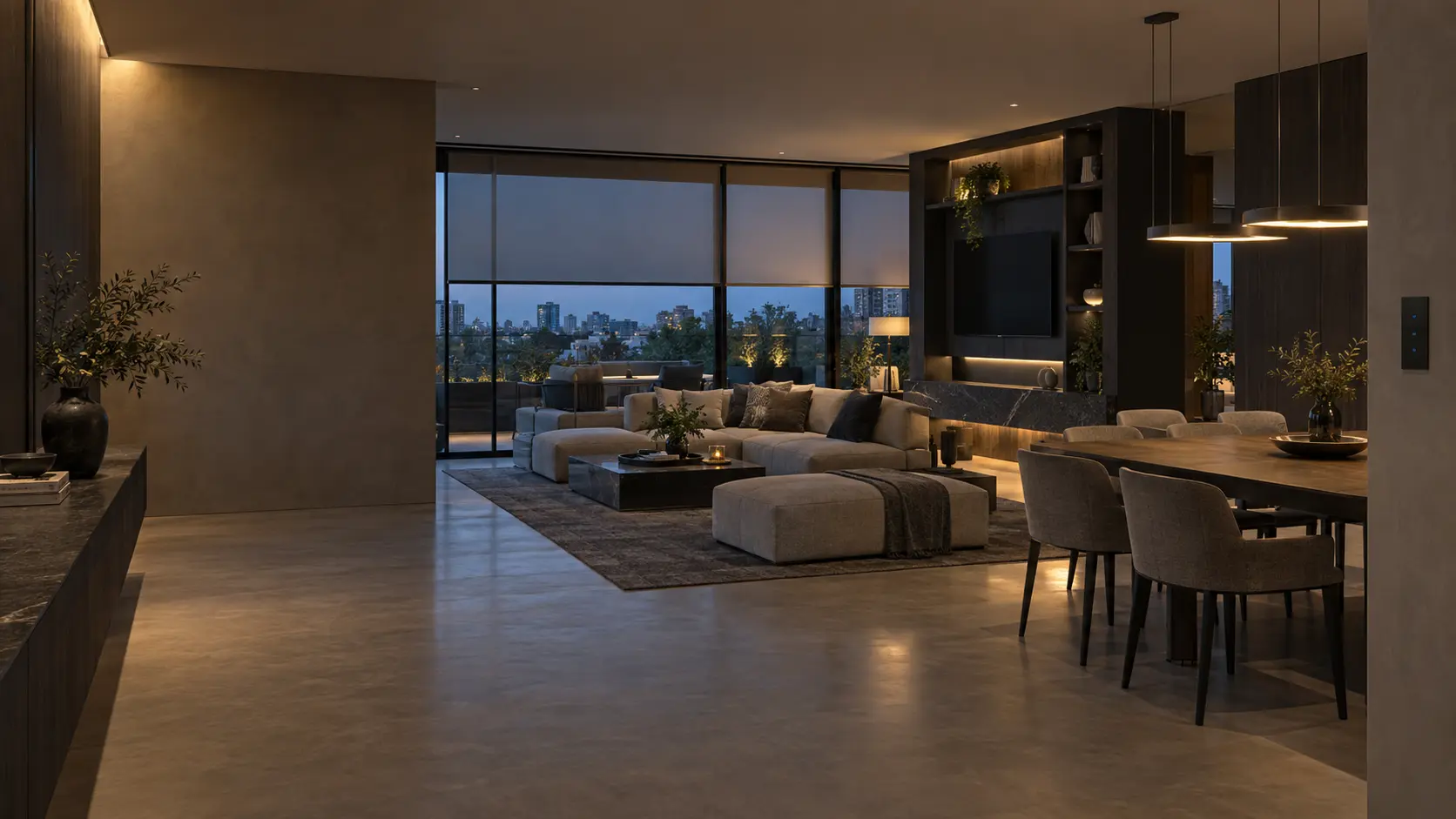 Living contemporáneo con iluminación y persianas automatizadas al atardecer