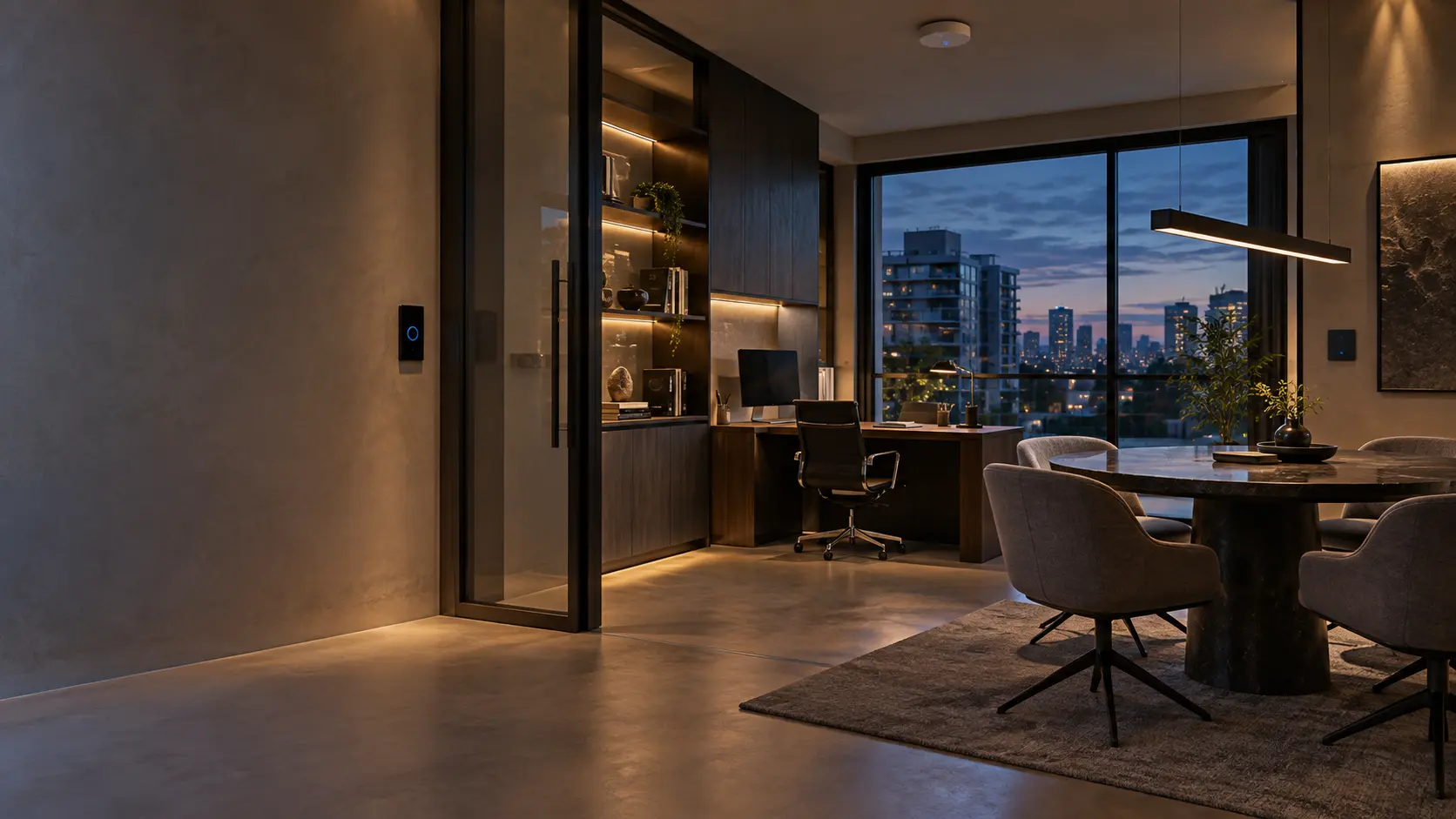 Oficina contemporánea con iluminación, control de acceso y conectividad integrados